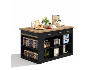 Îlot de cuisine multifonction 150x90 cm avec table coulissante, noir et naturel