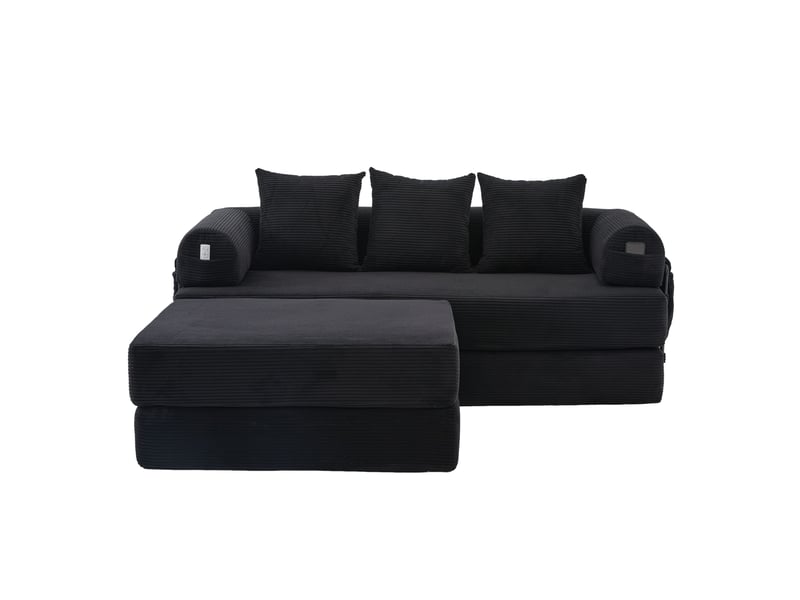  Canapé modulable 3 places avec poche latérale, 3 coussins et assise confortable en corduroy noir  - Conforama A