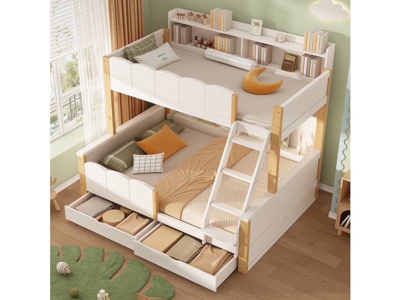  Lit superposé 90x200+140x200 cm avec rangements coloris blanc et chêne  - Conforama E
