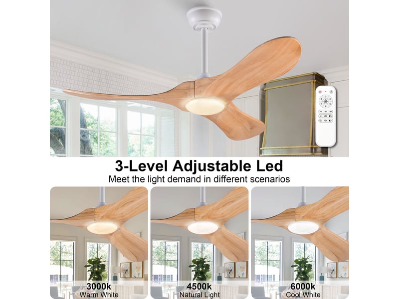 Ventilateur de plafond 107 cm éclairage led 3 couleurs dimmable 3 pales bois massif naturel et blanc réversible 6 vitesses - Conforama C
