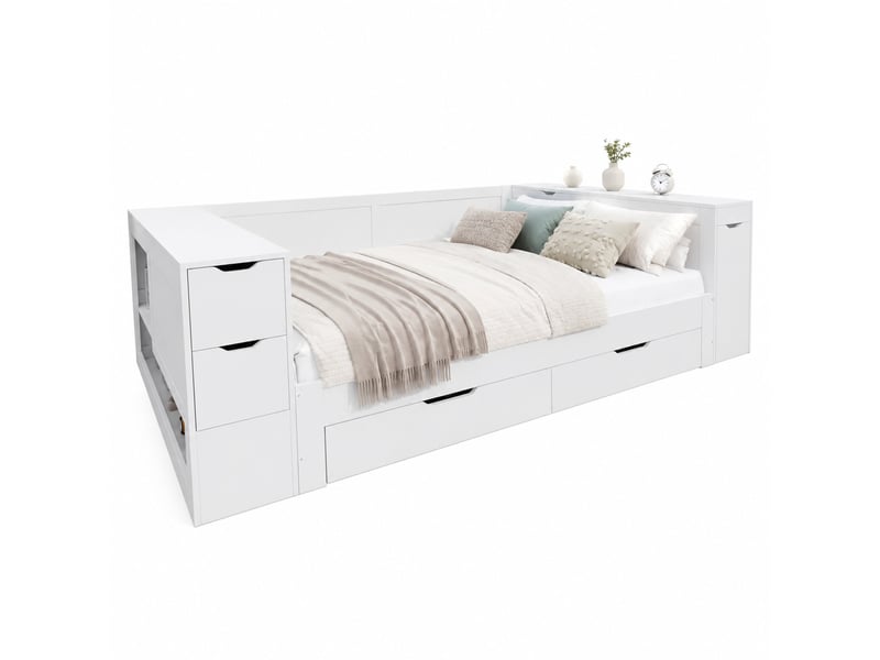  Lit enfant 140x190 cm avec tiroirs et rangements en mdf blanc sans matelas  - Conforama A