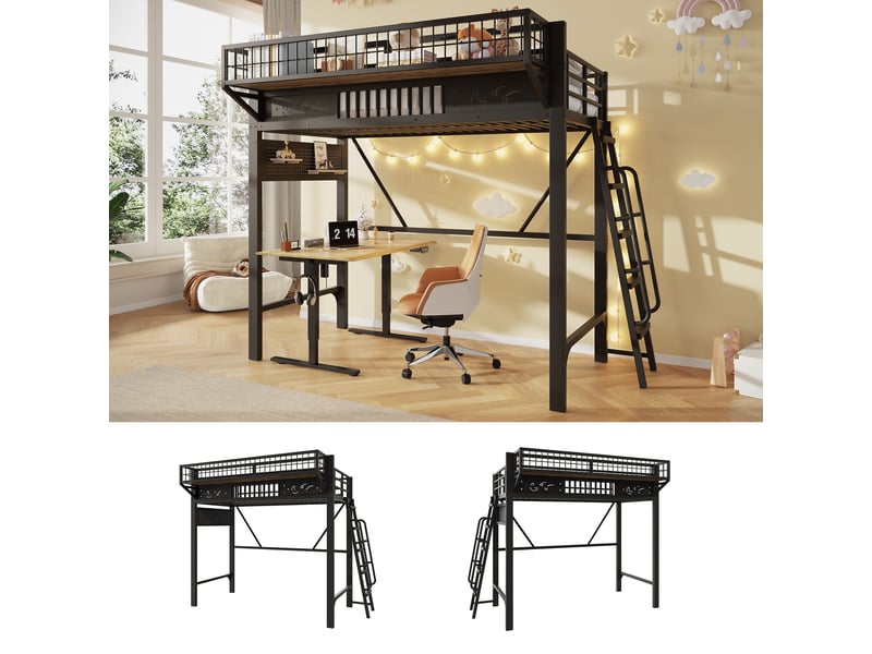  Lit mezzanine 90 × 200 cm avec étagères de rangement et escalier réversible, sans matelas, en métal, noir  - Conforama B