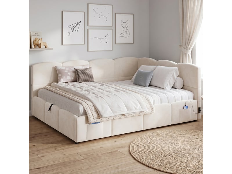  Lit banquette 140 x 200 cm avec coffre hydraulique, port usb et type-c, poches de rangement latérales, velours beige  - Conforama B