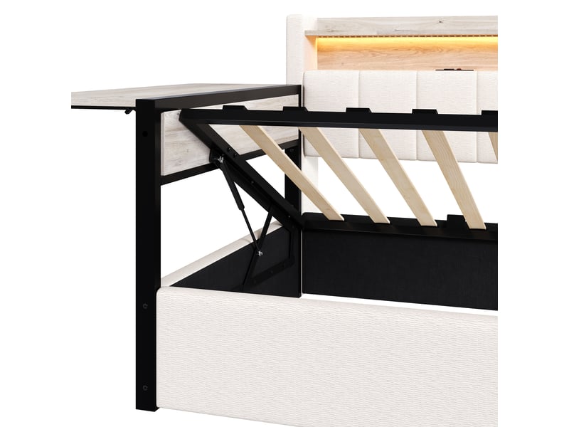  Lit coffre 90 × 200 cm en velours blanc, table rabattable, led, usb-c et module latéral réversible Fay Lum - Conforama E
