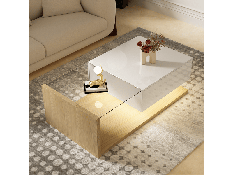  Table basse rectangulaire avec plateau en verre, niche de rangement et led 16 couleurs, pour salon, blanc et bois naturel, 105×55×32,5 cm  - Conforama D