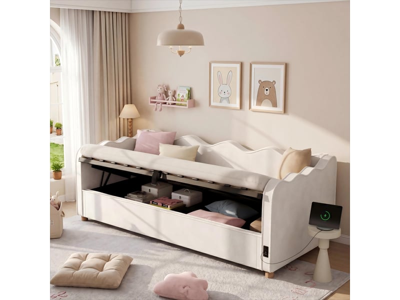 Canapé-lit coffre 90x200 cm avec rangement hydraulique, prises usbtype-c, sommier à lattes et bords rembourrés, velours beige - Conforama B