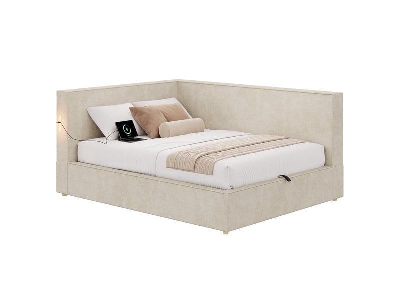  Lit de repos pour enfant, 140 x 190 cm, lit rembourré avec rangement, éclairage led et ports de charge, tissu chenille, beige  - Conforama A