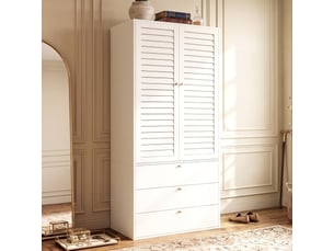 Armoire chambre 90x50x200 cm, penderie dressing avec 2 portes persiennes et 3 tiroirs, en panneau de particules style contemporain, blanc