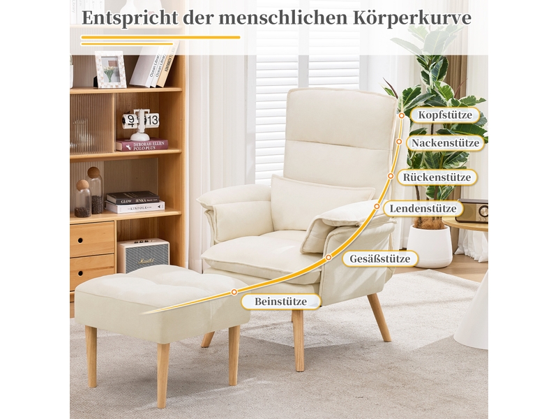  Fauteuil relax avec pouf dossier réglable 5 positions et coussin de soutien, en tissu effet lin beige  - Conforama E