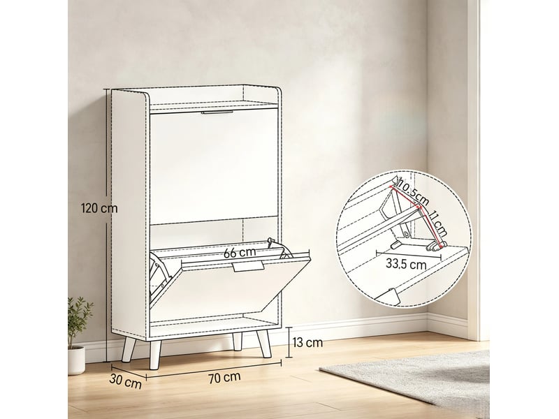  Meuble à chaussures 70l x 30p x 120h cm en panneau de particules avec 2 portes rabattables blanc chicfurn  - Conforama D