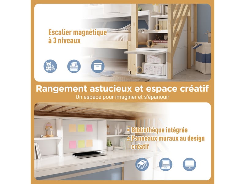  Lit enfant superposé ，90x200+90x190 cm ， avec bureau lit tiroir ，bois， chêne et blanc  - Conforama E