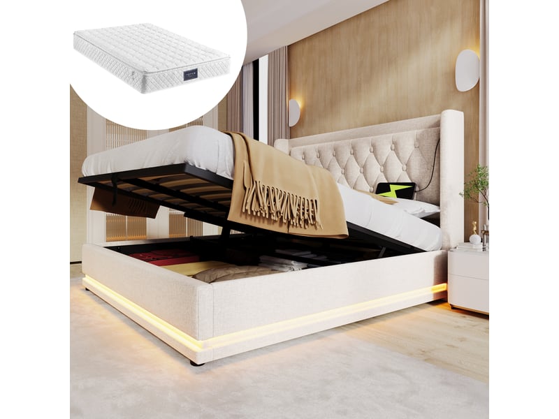  Lit double rembourré - 160x200 cm - beige - rangement hydraulique - matelas inclus  - Conforama A