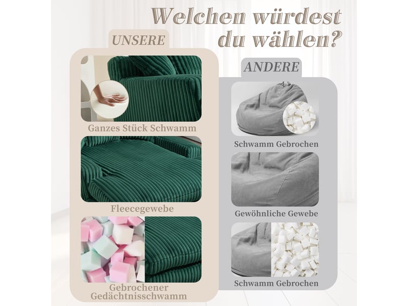  Canapé 1 place en velours côtelé vert émeraude avec 3 coussins, sans montage, 125x155x63 cm  - Conforama E