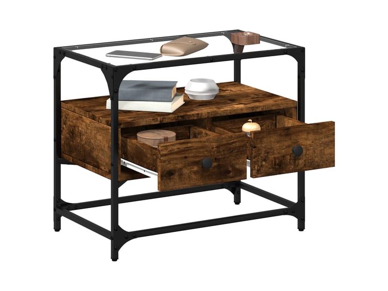  Meuble tv - banc tv - meuble de rangement avec dessus en verre chêne fumé bois d'ingénierie  - Conforama C