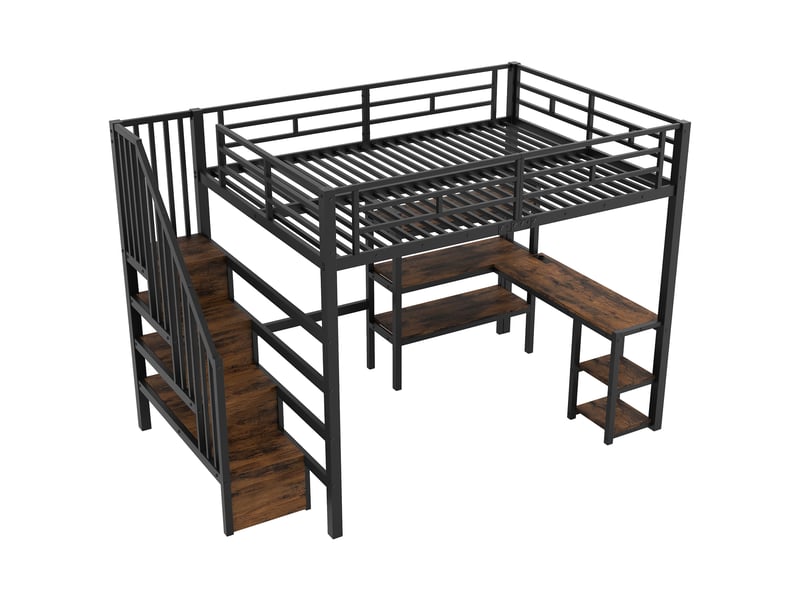  Lit mezzanine 140x200 cm en métal et mdf avec bureau, rangements, usb et led noir chicfurn  - Conforama A