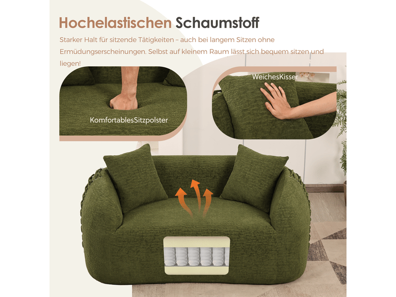 Canapé compressé 2 places 155x90x67 cm sans montage, sans structure, accoudoirs avec lacets, 2 coussins, mousse, tissu chenille vert - Conforama E