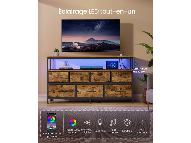  Commode de rangement industrielle avec éclairage led 30 x 113,8 x 68,1 cm 7 tiroirs en aggloméré marron rustique 12_0012799  - Conforama C