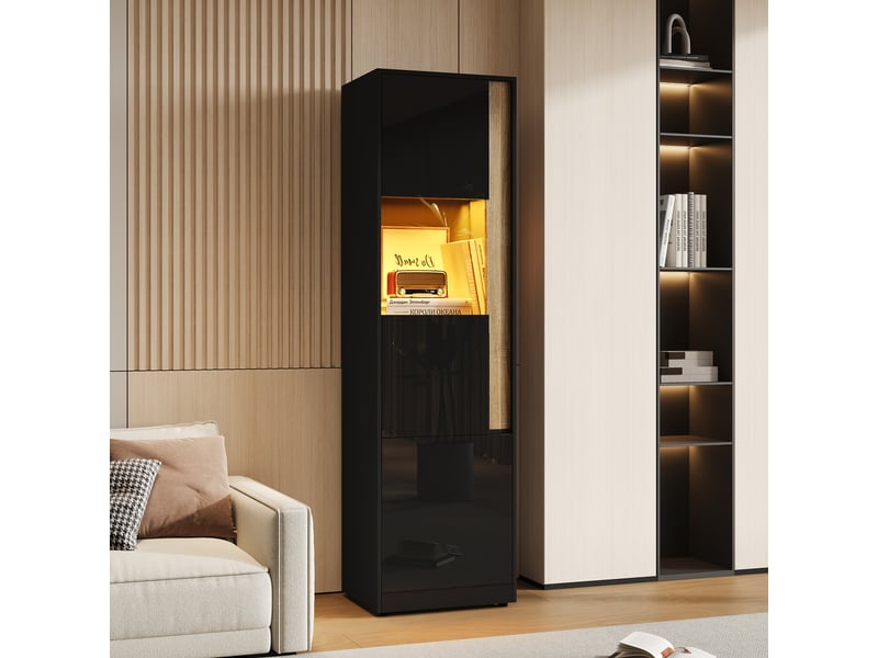 Vitrine haute 50x40x179 cm noire et bois avec led réglable, 2 portes dont 1 en acrylique, meuble rangement moderne salon bureau cuisine - Conforama B