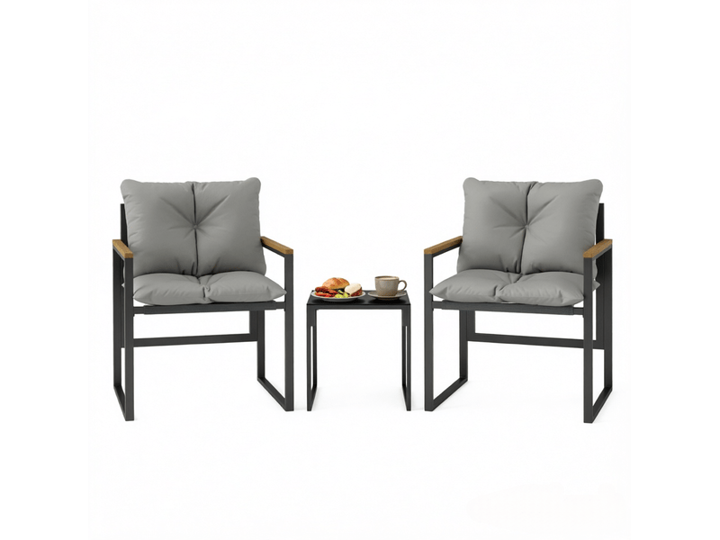 Ensemble terrasse 2 fauteuils 64x62x68 cm – noir et gris – table en verre trempé, 2 coussins inclus - Conforama A