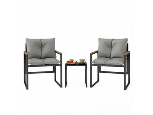 Ensemble terrasse 2 fauteuils 64x62x68 cm – noir et gris – table en verre trempé, 2 coussins inclus
