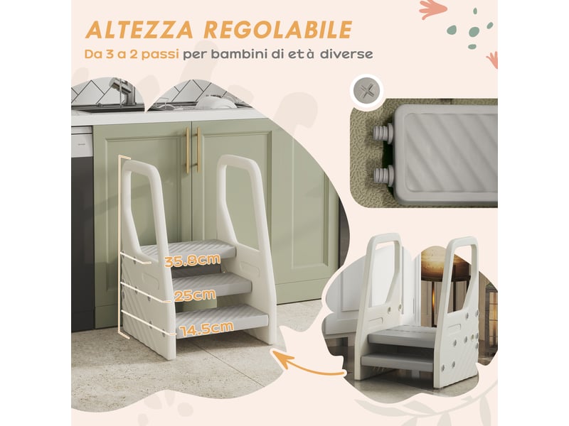  Marchepied pour enfants de 2 à 5 ans, 3 marches, pehd, 43 x 42 x 65,5 cm, gris et blanc crème  - Conforama E