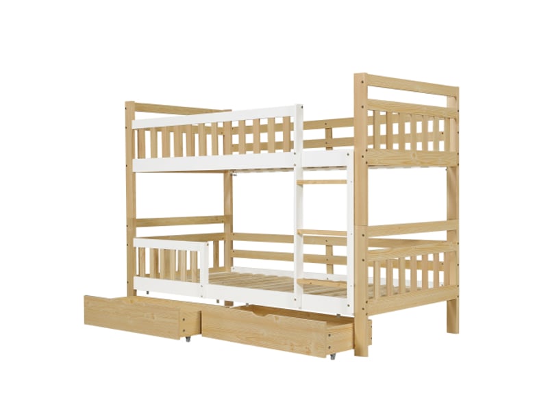  Lit superposé 90 × 200 cm, séparable en 2 lits, 2 tiroirs et échelle intégrée, en pin et mdf, blanc et naturel  - Conforama A