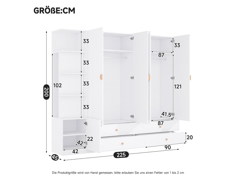  Armoire dressing blanche 225x45x200 cm avec 3 penderies et 4 tiroirs  - Conforama C
