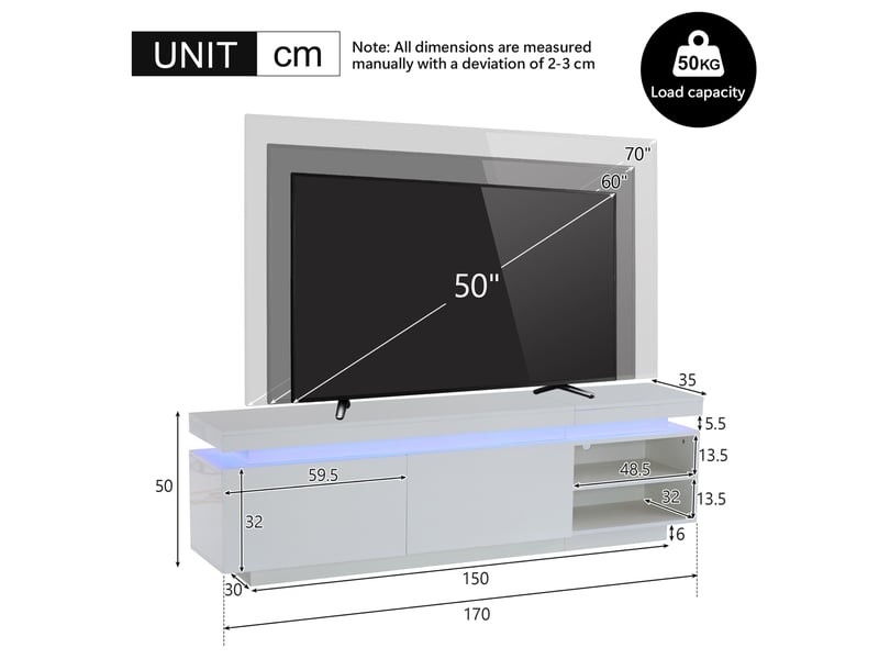  Meuble tv tcqpz 170 x 35 x 50 cm blanc avec led, 2 portes, rangement ouvert, pour tv jusqu'à 70 pouces, panneau de particules  - Conforama C