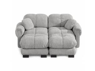 Canapé 2 places en chenille gris clair, modulable en ul avec ottomane mobile