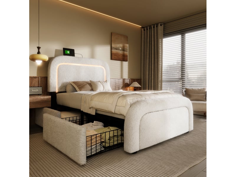  Lit simple 90x200 cm avec led, usbusb-c et 2 tiroirs en tissu sherpa blanc  - Conforama B