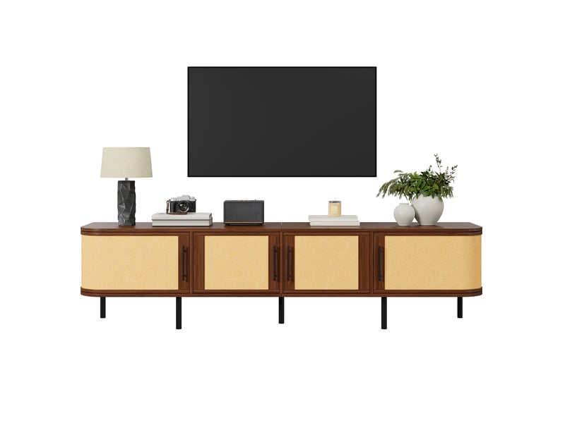  Meuble tv 180 cm en mdf bois foncé, 4 portes tressées et pieds en métal noir, rangement pour le salon  - Conforama A