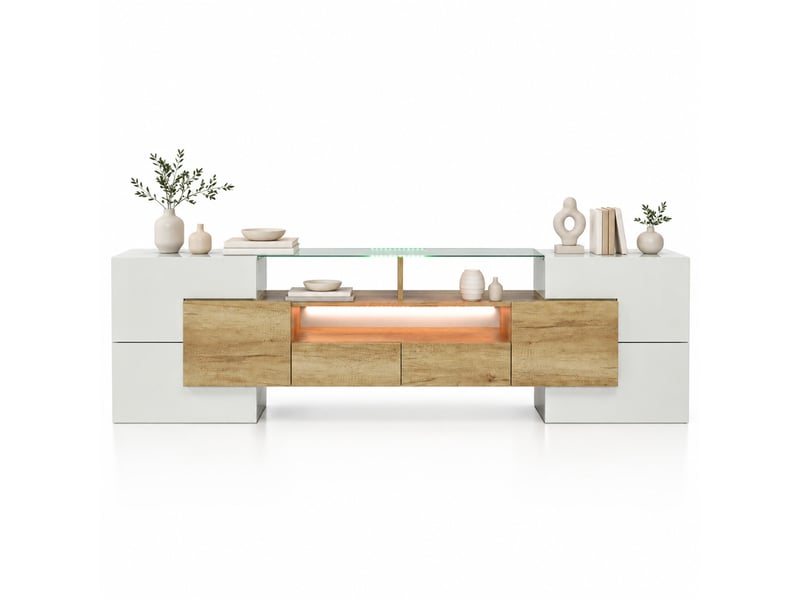  Meuble tv avec 6 portes, 2 tiroirs et 3 compartiments, éclairage led, blanc brillant et couleur bois, 200 × 35 × 60 cm  - Conforama A