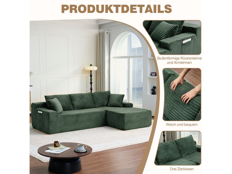  Canapé d'angle modulable droit compressé 4 places, pour salon, élégant, pratique, en mousse et velours côtelé, vert  - Conforama E