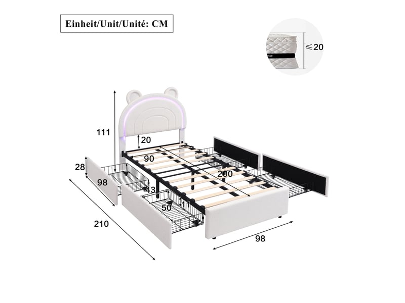  Lit enfant 90 × 200 cm avec 4 tiroirs latéraux, tête de lit ours et éclairage led commandé par application, beige  - Conforama C