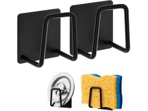 Lot de 2 supports éponge en inox 304 adhésifs, crochet d'évier de cuisine sans perçage, rangement pour éponge et torchon, fixation forte et durable, noir