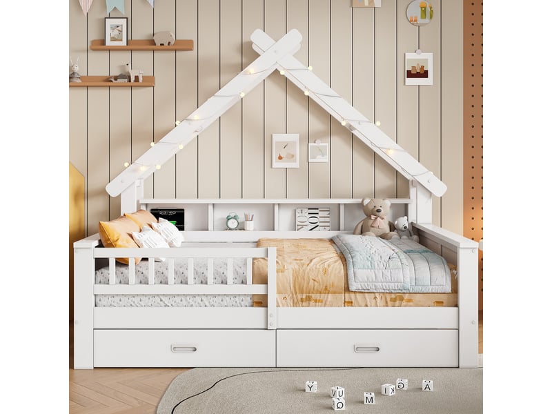 Lit cabane,140 x 200 cm,avec éclairage led, compartiments de rangement, tiroirs,blanc - Conforama D
