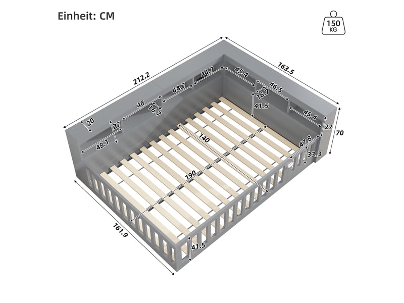  Lit de jour 140 x 190 cm gris avec rangement, prises et usb  - Conforama E