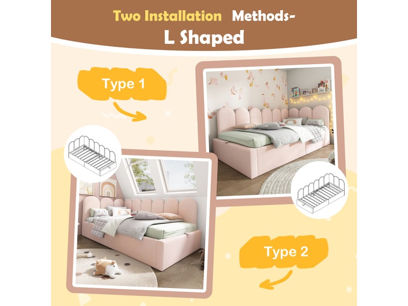 Lit banquette coffre 200×90 cm avec rangement hydraulique et côtés interchangeables, sans matelas, en velours rose - Conforama E
