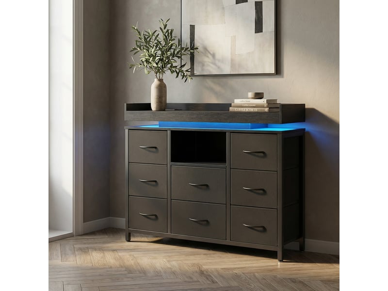 Commode chambre, 8 tiroirs, led rgb et station de charge, meuble de rangement 108x30x82 cm, métal et tissu, style industriel moderne, noir - Conforama B