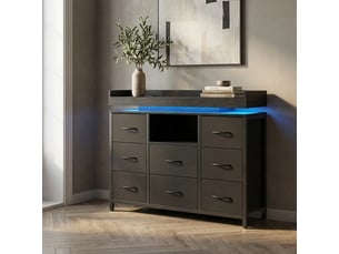 Commode chambre, 8 tiroirs, led rgb et station de charge, meuble de rangement 108x30x82 cm, métal et tissu, style industriel moderne, noir