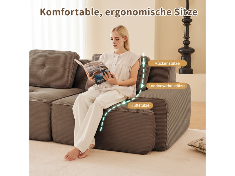 Canapé d’angle modulable marron en velours côtelé avec ottoman inclus – cloud 3 places  - Conforama D