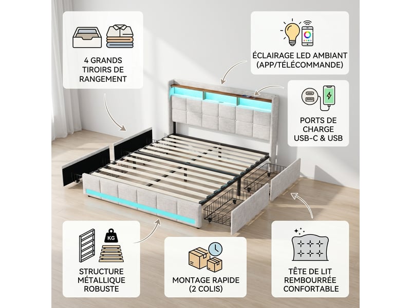  Lit double adulte 180x200 cm avec 4 tiroirs et led rgb, king size, tête de lit avec étagère et ports usb, lit capitonné en lin, beige  - Conforama C