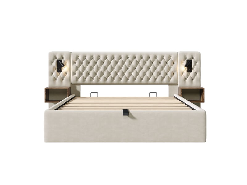 Lit coffre 160x200 cm avec 2 chevets, led et ports usb, revêtement velours beige - Conforama E