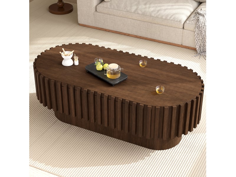  Table basse ovale 100 x 50 x 35,5 cm avec tiroir en mdf, coloris noyer, design moderne, décor à lamelles verticales  - Conforama B