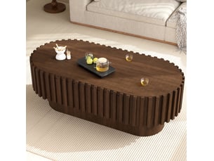 Table basse ovale 100 x 50 x 35,5 cm avec tiroir en mdf, coloris noyer, design moderne, décor à lamelles verticales