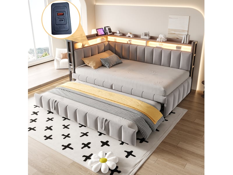  Lit gigogne 90x200 cm led réglable et ports usb et type c en velours gris  - Conforama B