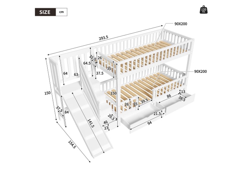  Lit superposé 90x200 cm coloris blanc bois massif lit enfant blanc - Conforama C