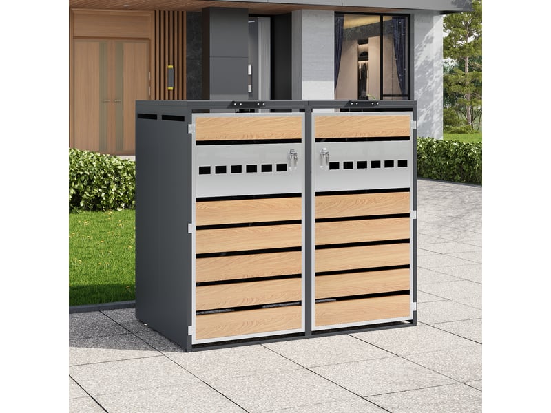 Abri poubelle à double compartiment avec couvercle relevable verrouillable - en acier gris et bois - Conforama B