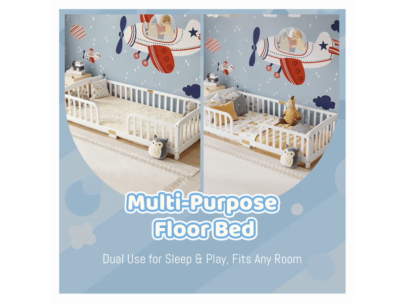  Lit enfant au sol 90x200 cm avec barrières de sécurité et entrée centrale, couchage bas pour chambre enfant, pin, blanc Sol Morn - Conforama E