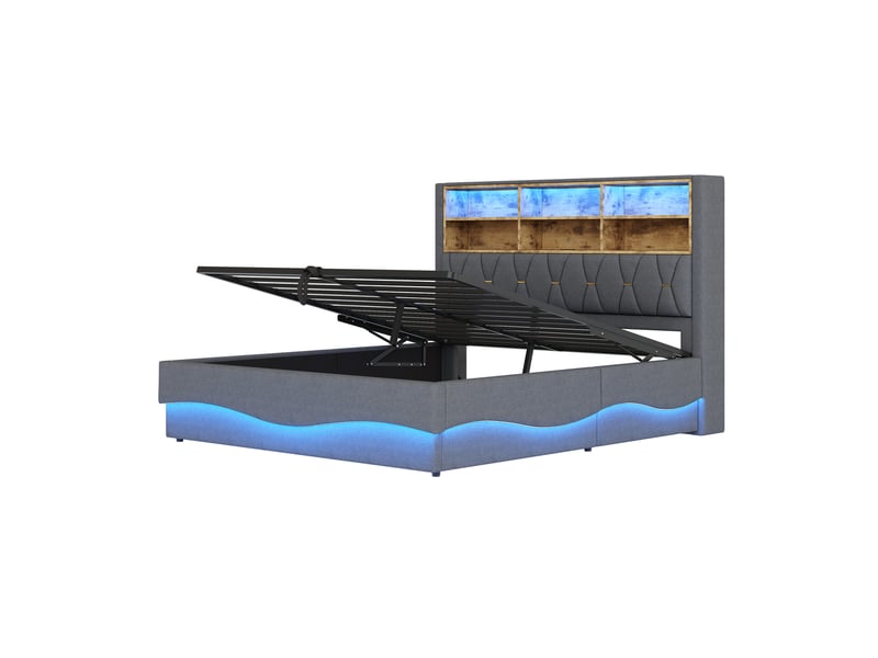  Lit coffre 180x200 cm gris tissu avec led pilotée par application, ports usb et relevage hydraulique, sans matelas  - Conforama A